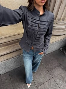 Aloruh Jaket Wanita Lengan Panjang Warna Polos Kasual Serbaguna Potongan Reguler - Dark Grey - View 6