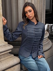Aloruh Jaket Wanita Lengan Panjang Warna Polos Kasual Serbaguna Potongan Reguler - Dark Grey - View 7