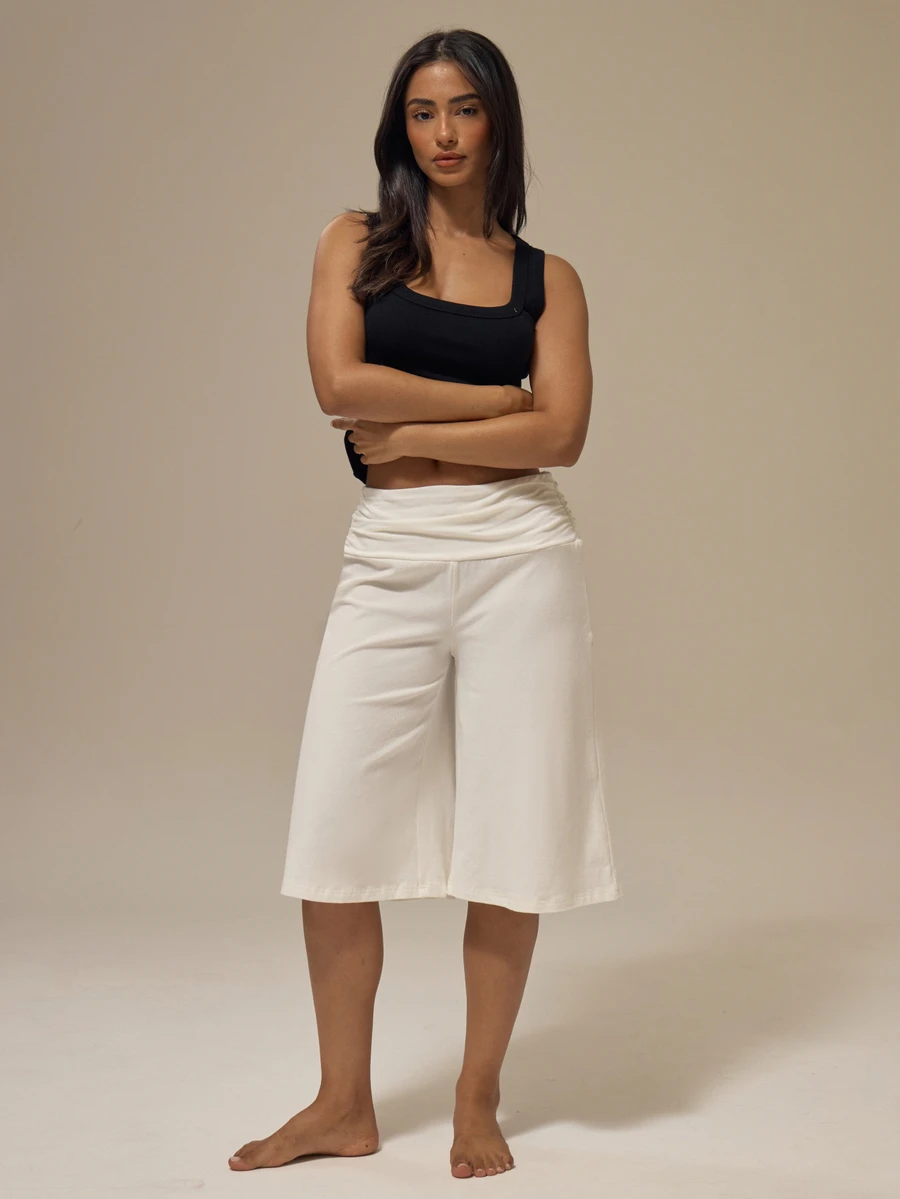 MUSERA ESSENTIALS Ruched Detail Wide Leg Capri Trousers Summer Girly Everyday Loungewear - White - View 1