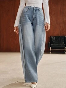 Anewsta Celana Jeans Lurus Biru Chiffon Patchwork Desain Fashion Baru - Biru - View 5
