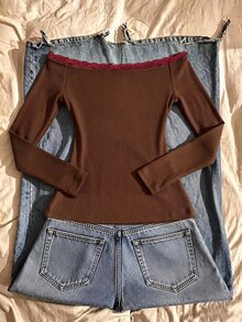 IslaSuriya Women's Lace Patchwork Slim Fit Versatile Daily Casual Long Sleeve Top - Brown - View 2