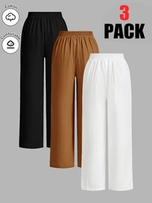 Shapeblank Bộ 3 quần casual size lớn màu trơn vải vân nổi thắt eo - Nhiều màu - Xem 2