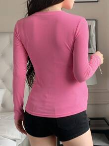 Dazy Maternity Solid Color Ribbed Elastic Slim Fit Long Sleeve Casual Daily Vacation Spring Autumn Maternity T-Shirt - Pink - View 6