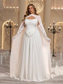 Elitara Plus Size Elegant Romantic Glamorous Sequin 3D Floral Applique Strapless Corset Cape Lace Long Sleeve 2 In 1 Ruched A-Line Wedding Gown For Events - White - View 6