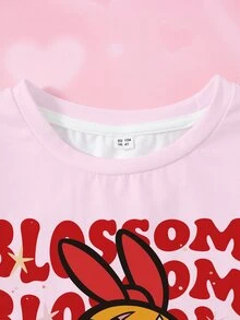THE POWERPUFF GIRLS X SHEIN 少女字母卡通印花圓領短袖休閒T恤 - 白色 - 查看 3