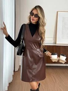 Easowa Women's Solid Color PU Leather Fashion Date Party Mini Dress - Brown - View 3