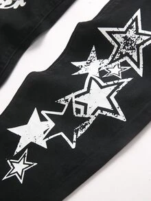 SHEIN 青少年男孩 Y2K 笑臉與星星塗鴉圖案設計黑色彈性緊身牛仔褲 上學穿搭 - 黑色 - 查看 6