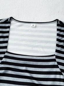 SHEIN 青少年女孩灰色黑色條紋方領修身長袖秋季上衣 T-shirt，白色上衣，長袖上衣，秋季穿搭，休閒，運動風，經典 - 深灰色 - 查看 5