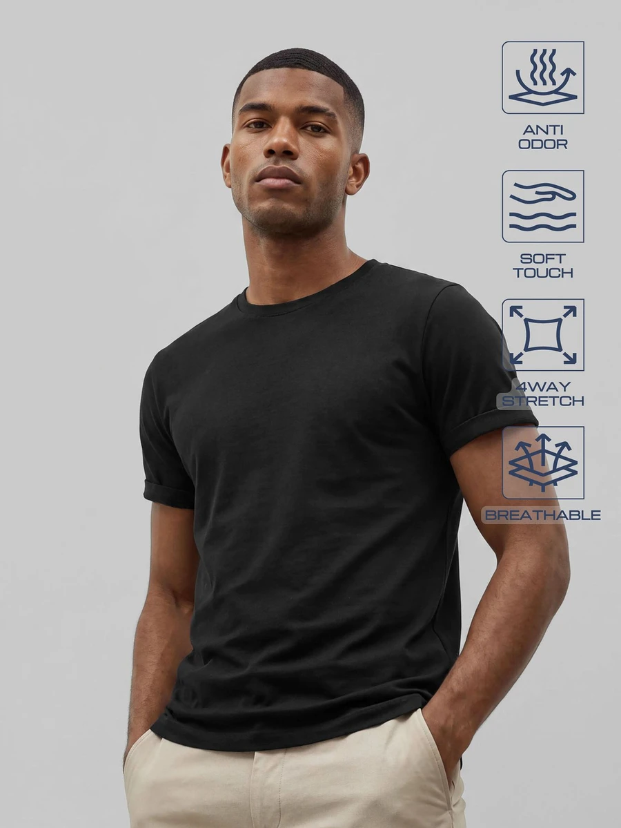 TekDrob Anti-Odor Modal T-Shirt With Crew-Neck And Rolled Tacked Cuffs - Black - View 1