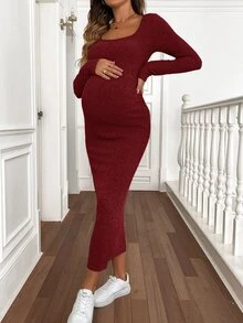 SHEIN 孕婦純色休閒日常夏季洋裝 - 酒紅色 - 查看 5