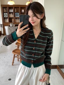DAZY 女款V領條紋開襟針織衫，休閒都市風長袖上衣 - 綠色 - 查看 6
