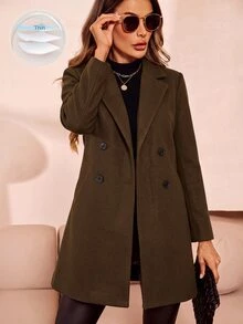 SHEIN Clasi Women's Solid Color Lapel Neck Long Sleeve Double-Breasted Casual Overcoat - Coffee Brown - View 1