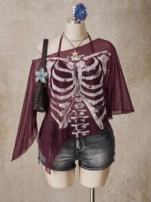SHEIN ICON 大尺碼女款骨骼印花不對稱下擺網紗上衣 - 彩色 - 查看 3