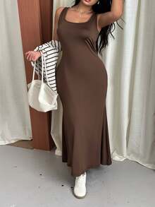 GalTyme Setelan Liburan 2 Potong Wanita Ukuran Besar untuk Musim Panas: Gaun Warna Polos dan Atasan Lengan Panjang Bergaris - Rust Brown - View 7