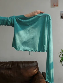 Resyla 大尺碼法式風情細肩帶洋裝，附荷葉邊飾長袖 T-shirt 外罩衫，針織防曬上衣，女款夏季防曬罩衫 - 綠色 - 查看 2