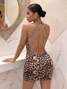 Slaydiva Women Brown Leopard Print Halter Rhinestone Metal Chain Backless Bodycon Mini Dress Hot Girl Club Party Outfit Night Out GoingOut Dresses For Ladies - Multicolor - View 9