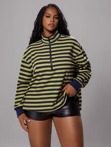 Rustia Plus Size Striped Stand Collar Zip-Up Sweatshirt, Sporty Casual Fall - Navy Blue - View 4