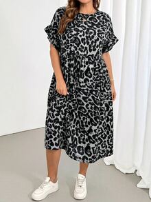 SHEIN Essnce Plus Size Women's Spring Summer Fashion Casual Loose Cool Comfortable Daily All-Match Versatile Slimming Brown Leopard Print Ruffle Short Sleeve Midi Dress With Pockets, Outing Outfit, Vacation Dress - Grey - View 5