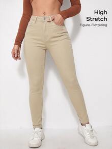 SHEIN Essnce Women's Fashion Versatile Button Pocket Denim Jeans - Mocha Brown - View 3