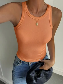 DAZY 女款素色圓領羅紋修身休閒百搭背心 - 橘色 - 查看 4