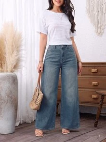 SHEIN PETITE 女款休閒水洗寬腿牛仔褲 - 藍色 - 查看 3