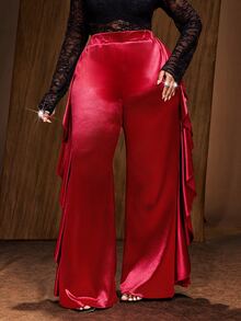 Maweii Plus Size Ruffle Trim Patchwork Elegant Casual Pants - Red - View 3
