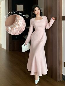 Modelyn Elegant Square Neck Pearl Embellished Long Sleeve Fitted Mermaid Dress - Pink - View 9