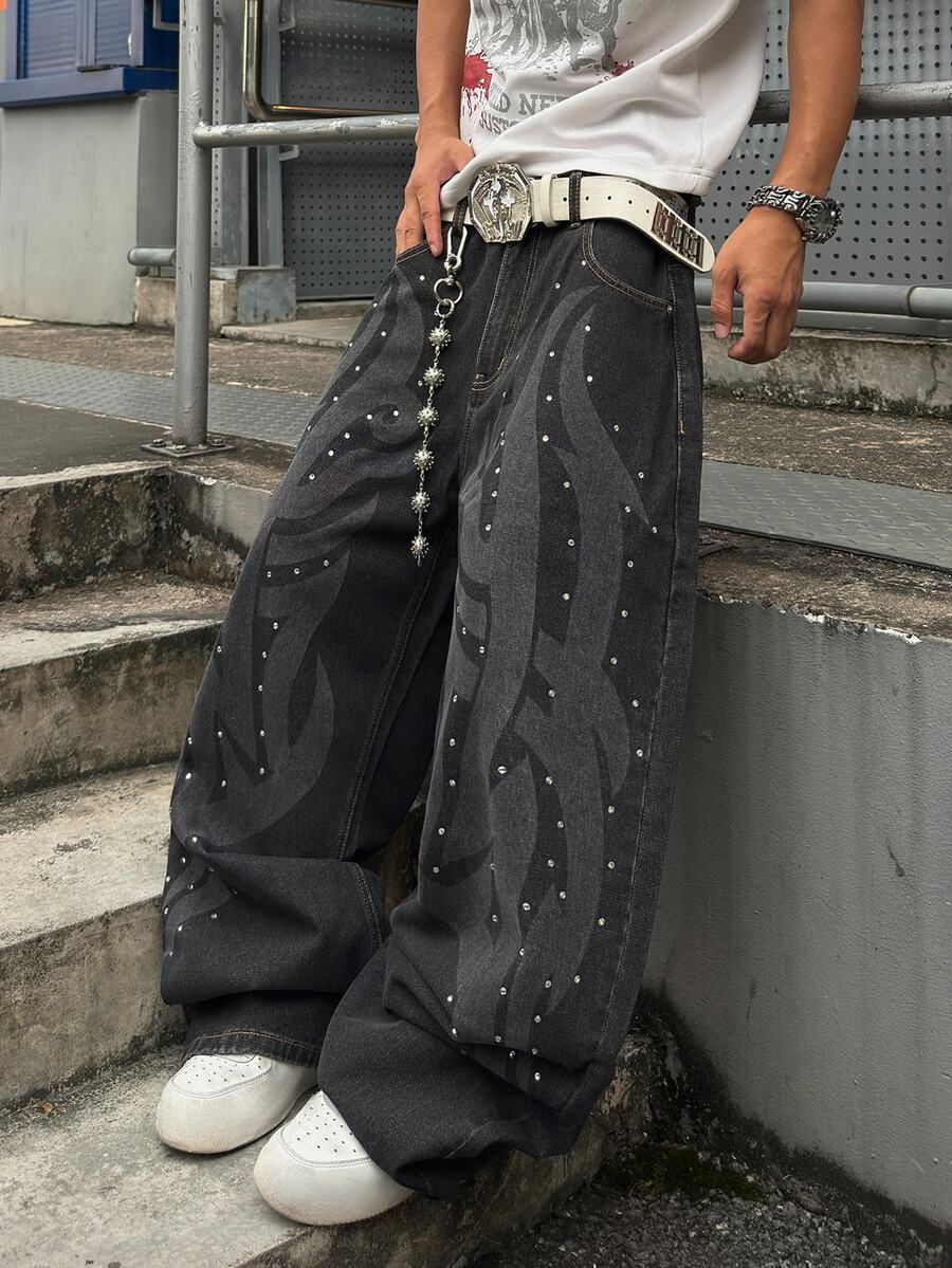 STEELVANCE Streetwear Retro Fashion Versatile Distressed Washed Contrast Rivet Laser Print Rhinestone Design Loose Straight Wide Leg Casual Denim Jeans (Belt And Accessories Not Included) - Black - View 1