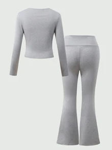Teen Girl Solid Color Long Sleeve T-Shirt And Flare Pants Casual Daily Outfit - Grey - View 2