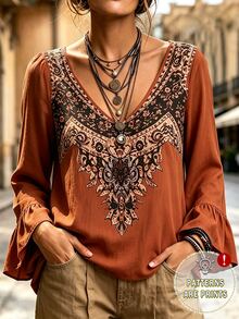 SHEIN LUNE Women's Floral Print V-Neck Loose Fit Blouse With Ruffle Cuffs - Burnt Orange - View 4
