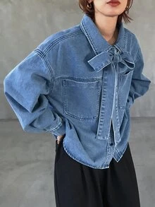 FRIFUL Women's Tie-Neck Casual Versatile Daily Denim Top - Blue - View 5