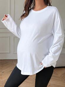 Dazy Maternity Atasan Lengan Panjang Longgar Warna Polos Kasual untuk Sehari-hari, Pakaian Jalanan, Liburan, Musim Semi, Musim Gugur, dan Ibu Hamil - Putih - View 4