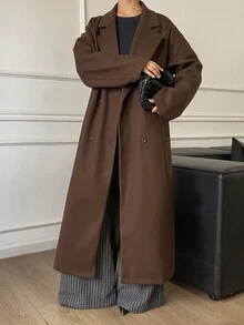DAZY Brown Lapel Double-Breasted Loose Oversized Overcoat Jacket For Women, Casual Autumn/Winter - Coffee Brown - View 1