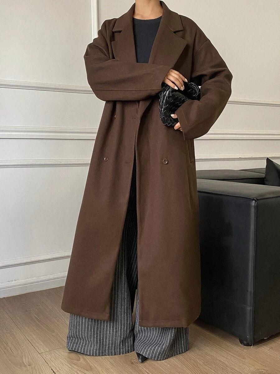 DAZY Brown Lapel Double-Breasted Loose Oversized Overcoat Jacket For Women, Casual Autumn/Winter - Coffee Brown - View 1