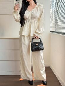 Livesso Women's Solid Color Zip-Up Hooded Jacket And Wide Leg Pants Casual 2 Pieces Set Fall - White - View 2