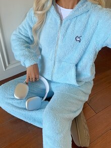 CovetEZ 女款秋冬保暖連帽上衣與長褲套裝 - 藍色 - 查看 5