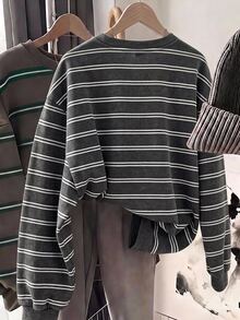SHEIN EZwear 女款條紋休閒百搭日常長袖運動衫 - 白色 - 查看 2