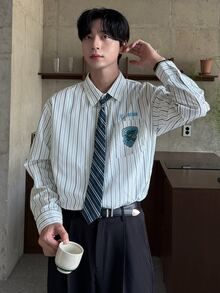 DAZY 男士條紋休閒百搭日常穿著襯衫搭配藍色領帶 - 藍色 - 查看 6