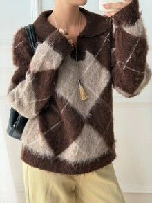 DAZY Sweater Kasual Pullover Kotak-kotak Wanita - Coklat - View 6