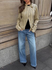 Aloruh Women's Autumn/Winter New Stand Collar Khaki Metal Button Striped Jacket Shirt,Going Out - Khaki - View 5