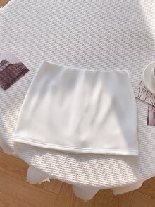 SHEIN Tween女孩白色秋冬休閒百搭抓絨內裡厚實羅紋低腰裙，內含內褲，兒童休閒純色低腰迷你裙 - 白色 - 查看 2
