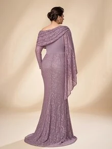 Serin Plus Size Elegant Lilac Lace Ruched Drop-Shoulder Long Sleeve Handmade Applique Beaded Mermaid Maxi Dress, Suitable For Formal Evening Party, Vacation, Wedding Event, Mother Of The Bride Gown - Lilac Purple - View 3