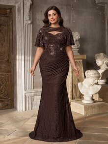 Aureia Plus Size Elegant Romantic Luxurious Coffee Color Sequin Lace Shawl Ruched Fitted Mermaid Tail With Train Heavy Embellishment Evening Gown - Coffee - View 4