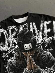 Manfinity ZONE917 American Retro Hip Hop Graffiti Prayer GOD Graphic Men's Standard Size Batwing Sleeve Cropped Loose Short Sleeve T-Shirt - Black - View 2