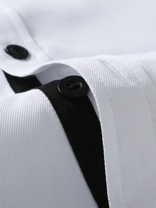 Manfinity Bizformal 男士純色斜紋領口鈕扣長袖襯衫，修身商務休閒百搭正裝襯衫 - 白色 - 查看 4