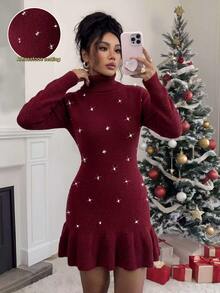 SHEIN Raffinéa Christmas Elegant Fitted High Neck Long Sleeve Rhinestone Embellished Waist-Cinching Ruffle Hem Burgundy Women Fall Winter Dress New Year Date Dinner - Burgundy - View 2