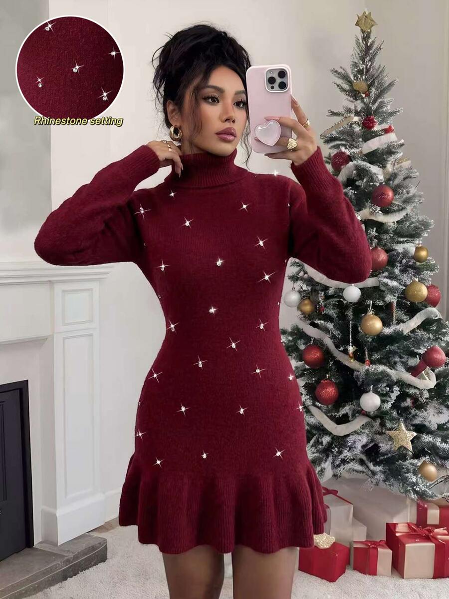 SHEIN Raffinéa Christmas Elegant Fitted High Neck Long Sleeve Rhinestone Embellished Waist-Cinching Ruffle Hem Burgundy Women Fall Winter Dress New Year Date Dinner