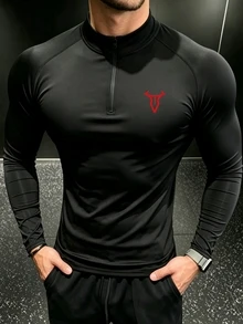GymBeat 男士牛角印花插肩袖長袖休閒健身運動T恤 - 黑色 - 查看 4