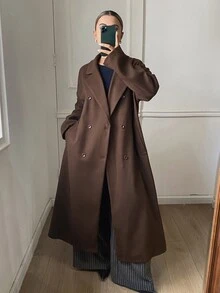 DAZY Brown Lapel Double-Breasted Loose Oversized Overcoat Jacket For Women, Casual Autumn/Winter - Coffee Brown - View 7
