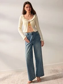 Willow Rêve Cardigan Rajut Pendek Wanita Warna Putih Krem, Kerah Bulat Berkerut dengan Manset Mengembang, Warna Polos Gaya Prancis Kasual Romantis, Cocok untuk Kencan dan Pesta Musim Gugur - Krim - View 3